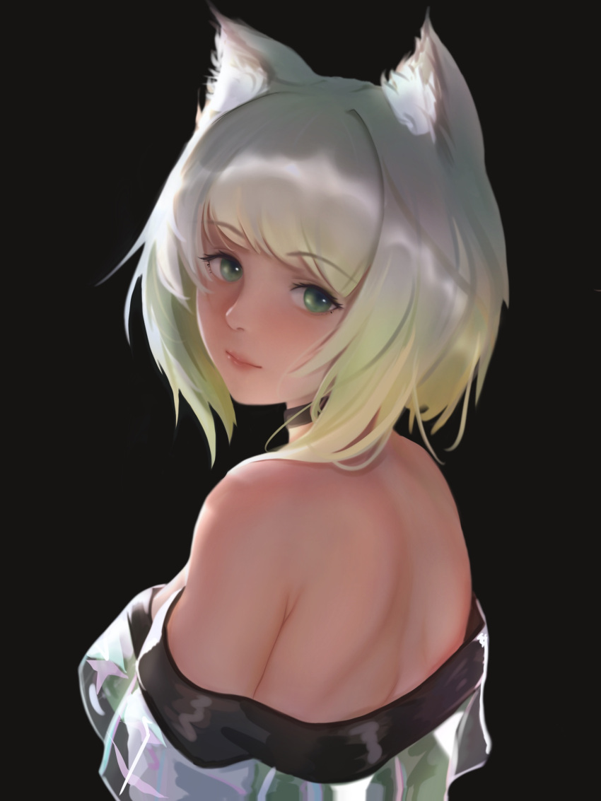 1girl animal_ear_fluff animal_ears arknights bangs bare_shoulders black_background black_choker blush breasts choker closed_mouth dress eyebrows_visible_through_hair gradient_hair green_dress green_eyes highres kal'tsit_(arknights) laozhanshi lips looking_at_viewer looking_back lynx_ears medium_breasts multicolored_hair off-shoulder_dress off_shoulder revision silver_hair simple_background solo upper_body