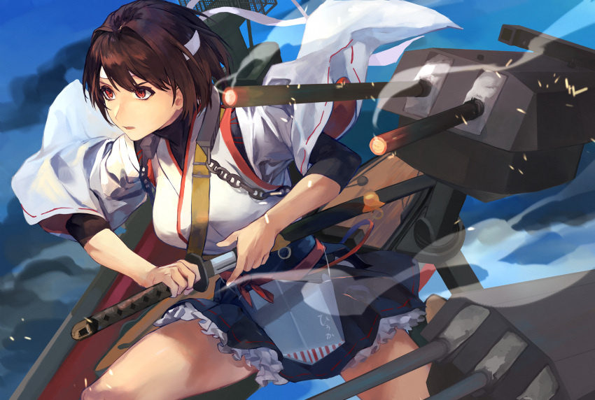 1girl absurdres apron black_hair black_skirt breasts cannon cowboy_shot frilled_skirt frills fukazaki hakama_skirt headband highres holding holding_sword holding_weapon hyuuga_(kantai_collection) japanese_clothes kantai_collection katana machinery red_eyes remodel_(kantai_collection) rigging sheath short_hair skirt solo sword turret undershirt unsheathing weapon white_headband white_sleeves