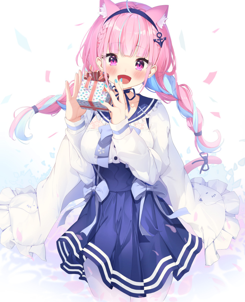 1girl :d absurdres ahoge anchor_hair_ornament animal_ear_fluff animal_ears bangs blue_hair blue_hairband blue_nails blue_ribbon blue_sailor_collar blue_skirt blush box braid breasts cat_ears cat_girl cat_tail commentary_request eyebrows_visible_through_hair frilled_jacket frilled_sailor_collar frills gift gift_box hair_ornament hairband hands_up highres holding holding_gift hololive jacket keis_(locrian1357) long_hair looking_at_viewer low_twintails medium_breasts minato_aqua multicolored_hair nail_polish open_clothes open_jacket open_mouth pantyhose pink_hair pleated_skirt ribbon sailor_collar shirt skirt smile tail tail_ornament tail_ribbon twin_braids twintails two-tone_hair violet_eyes virtual_youtuber white_jacket white_legwear white_shirt