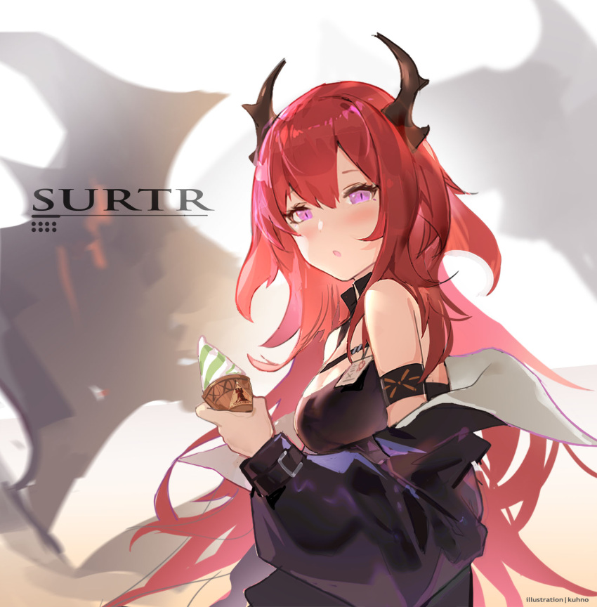 1girl :o arknights armband bangs bare_shoulders black_jacket blush breasts character_name chinese_commentary commentary_request food hair_between_eyes highres holding holding_food horns ice_cream jacket kuhnowushi long_hair long_sleeves looking_at_viewer medium_breasts off_shoulder parted_lips partial_commentary photoshop_(medium) redhead revision solo surtr_(arknights) upper_body violet_eyes