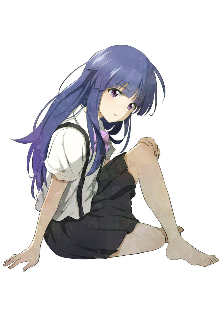 1girl barefoot black_skirt blue_hair bow bowtie full_body furude_rika hand_on_own_knee highres higurashi_no_naku_koro_ni long_hair parted_lips purple_neckwear shirt short_sleeves shosudo simple_background sitting skirt solo suspenders toes violet_eyes white_background white_shirt