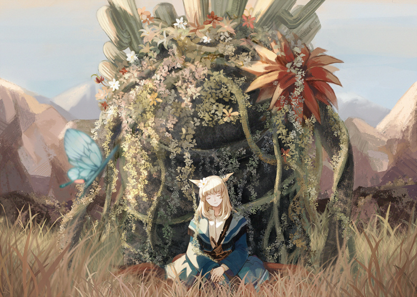 1girl animal_ears bangs blue_sky bug butterfly cactus cat_ears closed_eyes closed_mouth dagger eyebrows_visible_through_hair final_fantasy final_fantasy_xiv flower fringe_trim goobbue_(final_fantasy) grass hair_flower hair_ornament insect long_hair long_sleeves miqo'te orange_flower outdoors red_flower sheath sheathed sitting sky smile solo weapon white_flower yoshikyuu