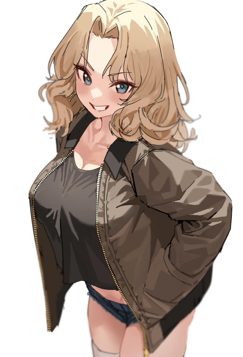 1girl absurdres blonde_hair blue_eyes blue_shorts blurry blush breasts commentary cowboy_shot denim denim_shorts girls_und_panzer grin hair_intakes hands_in_pockets highres jacket kay_(girls_und_panzer) large_breasts long_hair long_sleeves looking_at_viewer military military_uniform mx2j_(nsh6394) open_clothes open_jacket saunders_military_uniform short_shorts shorts smile solo standing thigh-highs uniform white_background white_legwear