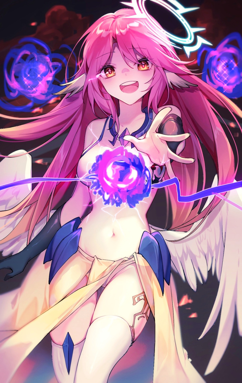 1girl angel_wings breasts commentary_request crop_top cross eyebrows_visible_through_hair feathered_wings gloves gradient_hair halo highres jibril_(no_game_no_life) large_breasts long_hair looking_at_viewer low_wings magic magic_circle midriff multicolored_hair navel no_game_no_life open_mouth pink_hair round_teeth solo symbol-shaped_pupils tattoo teeth thigh-highs very_long_hair white_wings wing_ears wings yellow_eyes yunweishukuang