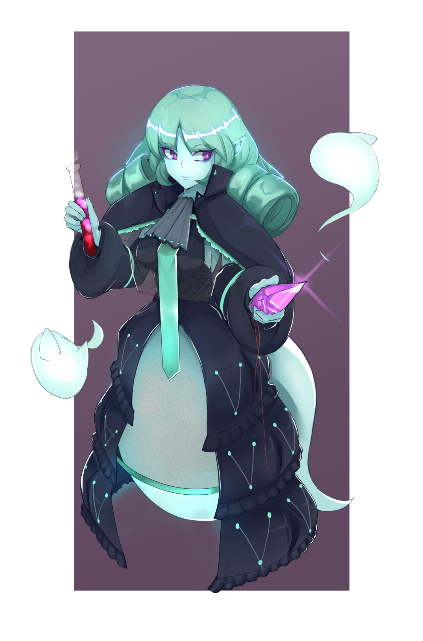 1girl bangs black_dress breasts crystal dress eyebrows_visible_through_hair full_body ghost green_hair highres holding holding_test_tube looking_to_the_side medium_breasts medium_hair monster_girl nanostar original parted_bangs pointy_ears smile solo test_tube violet_eyes