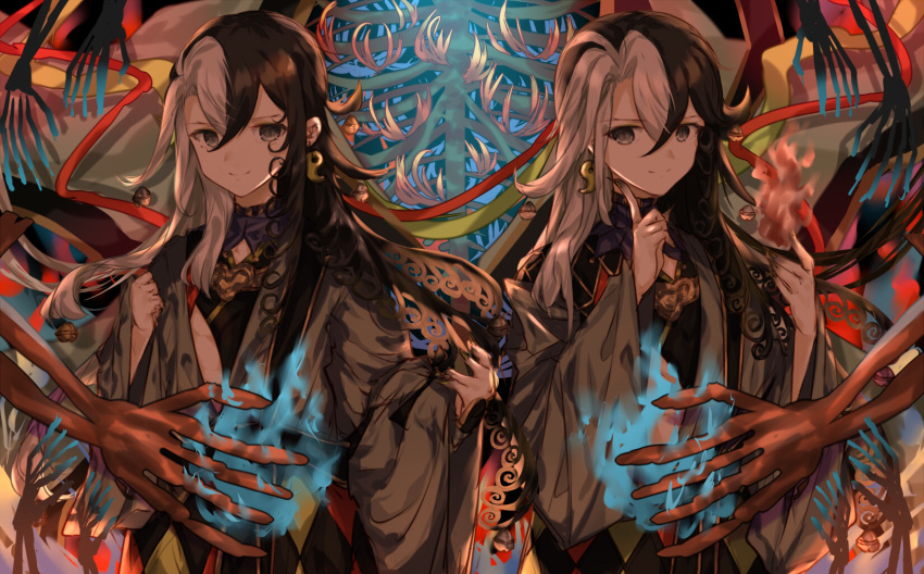 2boys androgynous ashiya_douman_(fate) asymmetrical_clothes asymmetrical_hair bell black_eyes black_hair clone commentary_request earrings energy eyelashes fate/grand_order fate_(series) fingernails ghost highres jewelry long_hair magatama magatama_earrings male_focus multicolored_hair multiple_boys purionpurion ribbed_sleeves sharp_fingernails skeleton striped two-tone_hair upper_body very_long_hair white_background white_hair younger