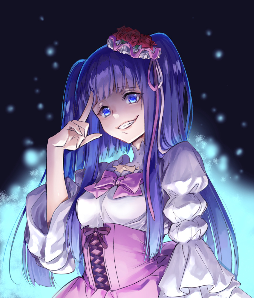 1girl absurdres evil_smile furudo_erika grin hair_ornament highres juliet_sleeves long_sleeves momoyama_hinase puffy_sleeves purple_hair smile solo two_side_up umineko_no_naku_koro_ni violet_eyes wide_sleeves