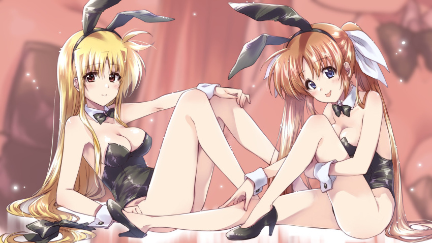 2girls animal_ears bare_legs black_footwear black_leotard black_neckwear blonde_hair blue_eyes bow bowtie breasts brown_hair bunny_tail commentary_request commission detached_collar fate_testarossa head_tilt high_heels highres kuroi_mimei legs leotard long_hair looking_at_viewer lyrical_nanoha mahou_shoujo_lyrical_nanoha mahou_shoujo_lyrical_nanoha_a's medium_breasts multiple_girls playboy_bunny rabbit_ears red_eyes sitting skeb_commission strapless strapless_leotard tail takamachi_nanoha tongue tongue_out twintails wrist_cuffs zoom_layer