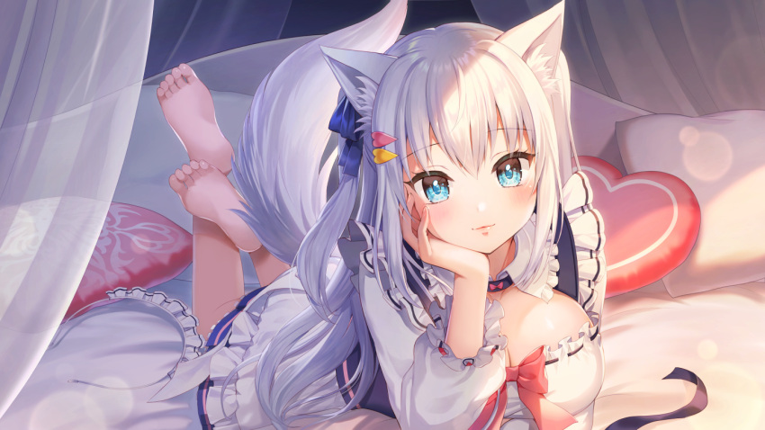 1girl animal_ear_fluff animal_ears bangs barefoot bed_sheet blue_eyes bow breasts commentary_request curtains dress eyebrows_visible_through_hair frilled_dress frills hair_between_eyes hand_up head_rest large_breasts legs_up long_sleeves lying momoshiki_tsubaki noripro official_art on_stomach pillow puffy_long_sleeves puffy_sleeves red_bow ribbon-trimmed_dress shirayuki_mishiro silver_hair soles solo tail tail_raised transparent virtual_youtuber white_dress