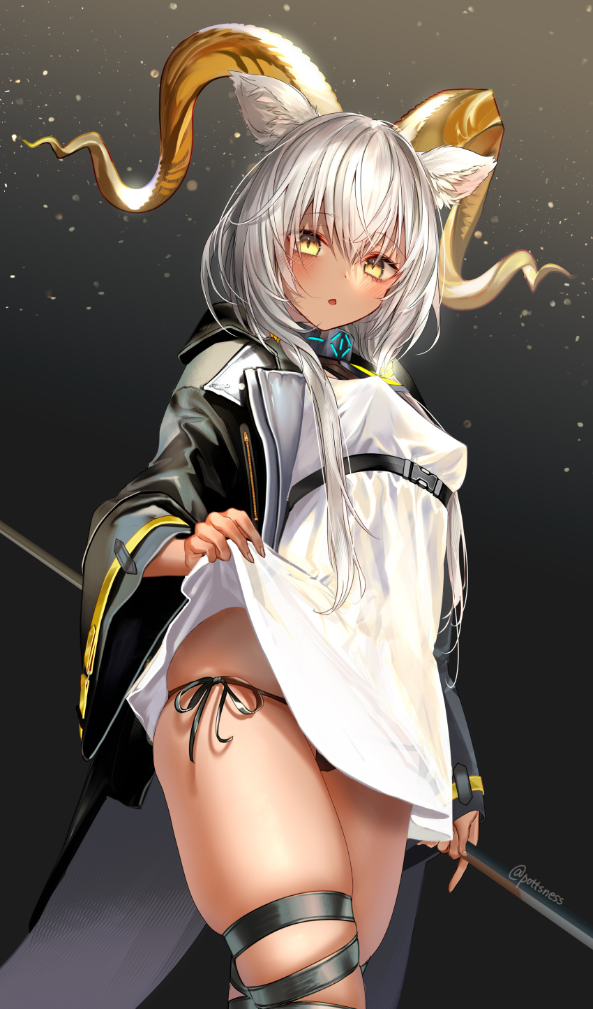 1girl :o absurdres animal_ear_fluff animal_ears arknights bangs beeswax_(arknights) black_jacket black_panties blush breasts dark_skin dark-skinned_female dress dress_lift eyebrows_visible_through_hair highres holding horns jacket long_sleeves open_mouth panties pottsness short_hair_with_long_locks side-tie_panties simple_background skindentation small_breasts solo thigh_strap twitter_username underwear wavy_mouth white_dress white_hair yellow_eyes