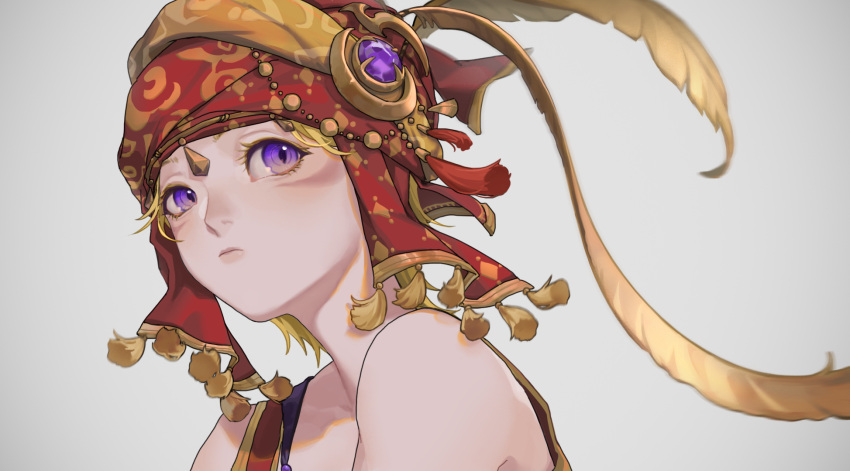 1girl bare_shoulders blonde_hair closed_mouth eyelashes facial_mark facing_away feathers final_fantasy final_fantasy_xiv frown highres looking_away looking_to_the_side miqo'te short_hair slit_pupils solo tassel turban upper_body violet_eyes yellow_feathers yoshikyuu
