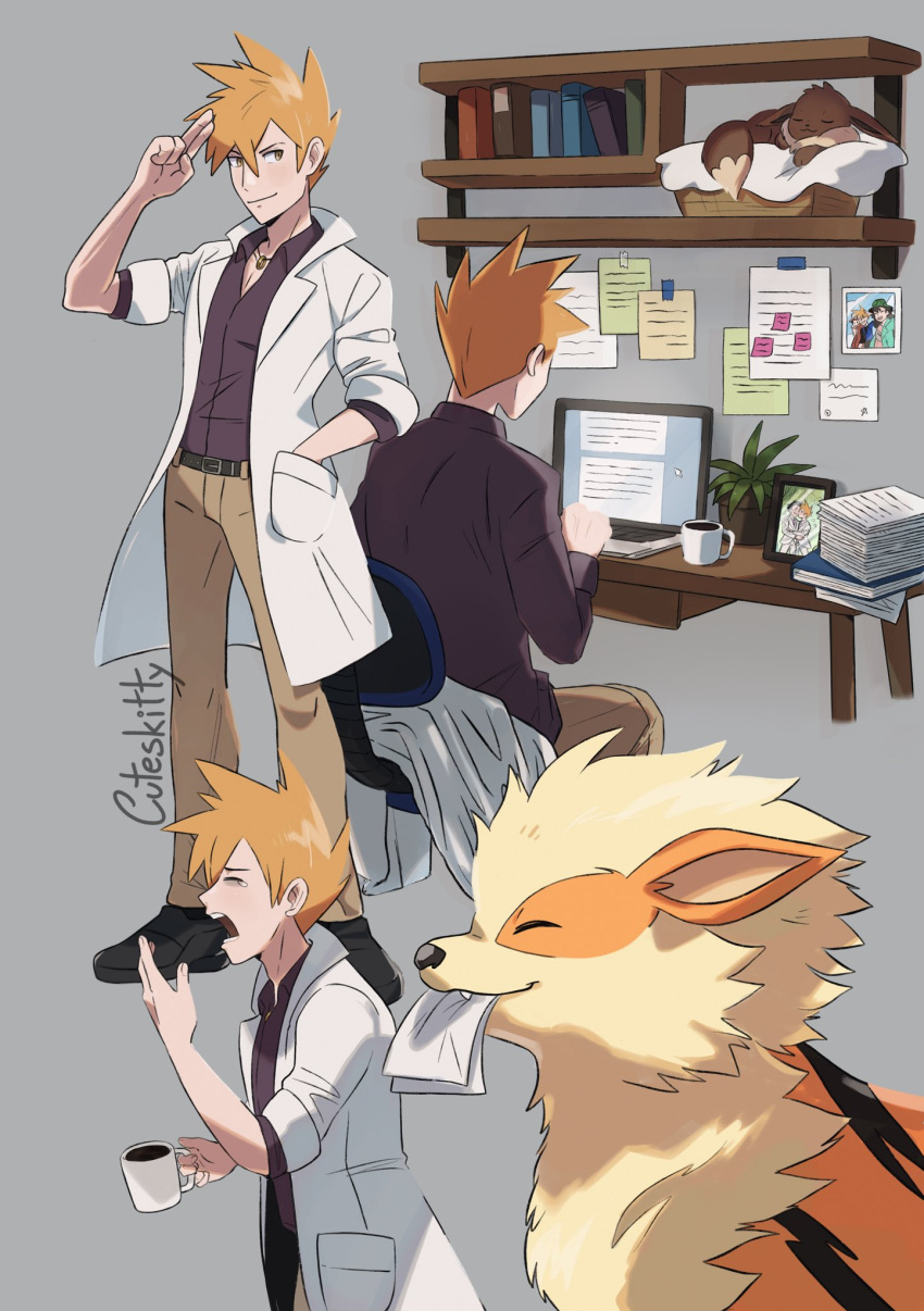 1boy arcanine bangs basket belt black_footwear blue_oak book brown_pants chair closed_eyes closed_mouth collared_shirt commentary computer cup cuteskitty desk eevee english_commentary gen_1_pokemon grey_background hand_in_pocket hand_up highres holding holding_cup jewelry labcoat laptop male_focus mug multiple_views necklace open_mouth orange_hair pants paper photo_(object) plant pokemon pokemon_(game) pokemon_sm potted_plant shirt shoes sitting smile spiky_hair teeth yawning