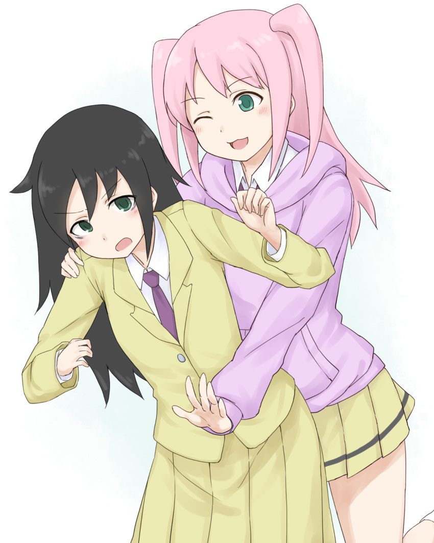 2girls ;3 ;d annoyed bags_under_eyes bangs black_hair blazer blush buttons collared_shirt commentary_request eyebrows_visible_through_hair green_eyes hair_between_eyes hand_on_another's_shoulder hand_up highres hood hood_down hoodie jacket kuroki_tomoko long_hair long_skirt long_sleeves looking_at_another mohya multiple_girls necktie nemoto_hina one_eye_closed open_mouth pink_hair pleated_skirt purple_hoodie purple_neckwear school_uniform shirt simple_background skirt smile standing two_side_up v-shaped_eyebrows watashi_ga_motenai_no_wa_dou_kangaetemo_omaera_ga_warui! white_background white_shirt yellow_jacket yellow_skirt