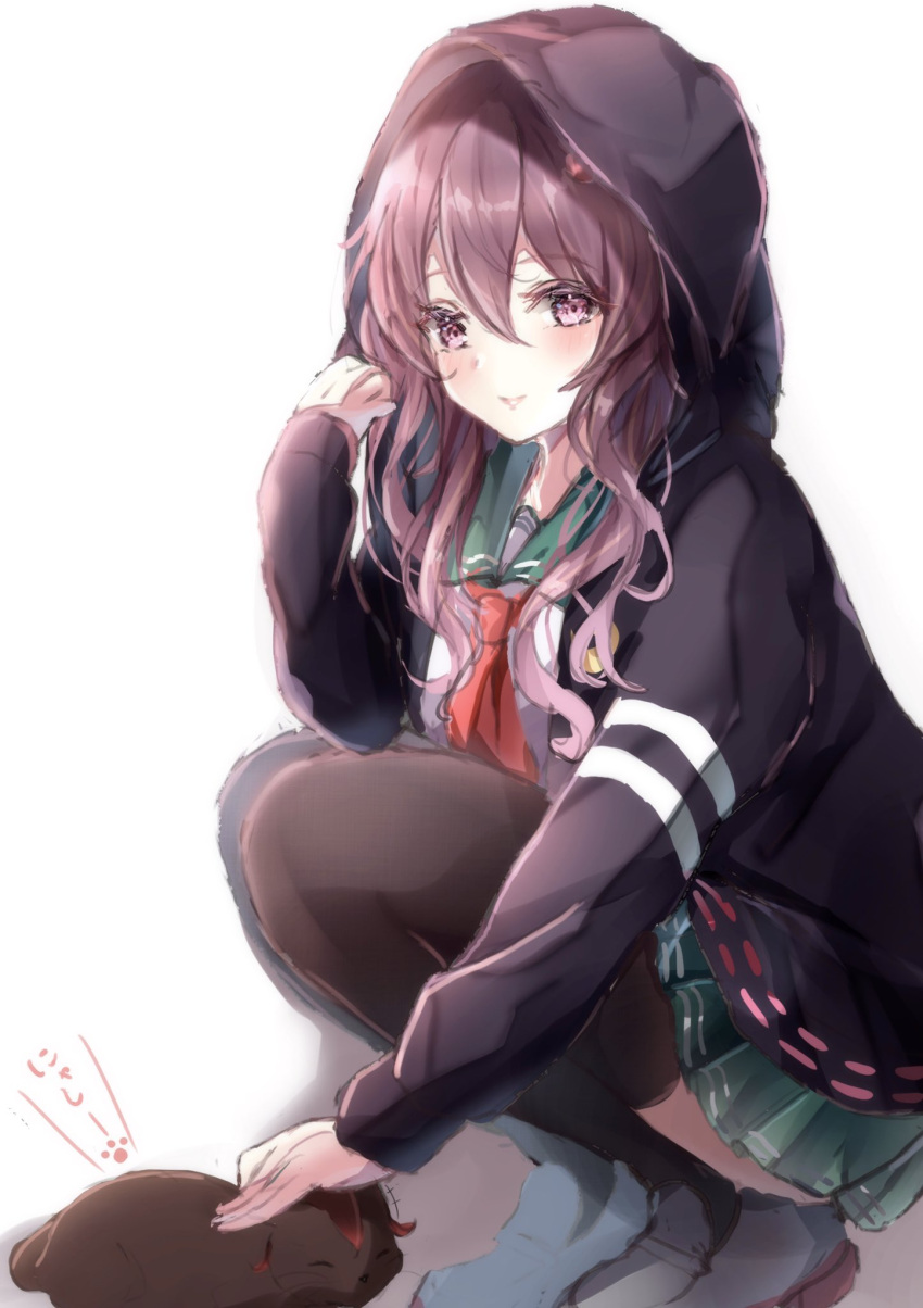 1girl black_jacket black_legwear brown_hair crescent crescent_moon_pin green_sailor_collar green_skirt highres hood hood_up hooded_jacket hoodie jacket kantai_collection kisaragi_(kantai_collection) long_hair neckerchief red_neckwear remodel_(kantai_collection) sa-ya2 sailor_collar school_uniform serafuku simple_background skirt solo squatting thigh-highs violet_eyes white_background