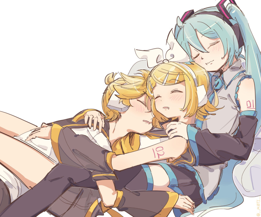 1boy 2girls aqua_hair aqua_neckwear arm_warmers bangs bare_shoulders black_collar black_legwear black_skirt black_sleeves blonde_hair bow closed_eyes collar commentary detached_sleeves grey_shirt hair_bow hair_ornament hairclip hatsune_miku head_on_chest head_on_head headphones highres hug kagamine_len kagamine_rin light_blush long_hair lying m0ti miniskirt multiple_girls neckerchief necktie on_stomach parted_lips pillow pleated_skirt sailor_collar saliva school_uniform shirt short_hair short_ponytail short_sleeves shoulder_tattoo sitting skirt sleeping sleeping_on_person sleeveless sleeveless_shirt spiky_hair swept_bangs tattoo thigh-highs twintails very_long_hair vocaloid white_background white_bow white_shirt yellow_neckwear