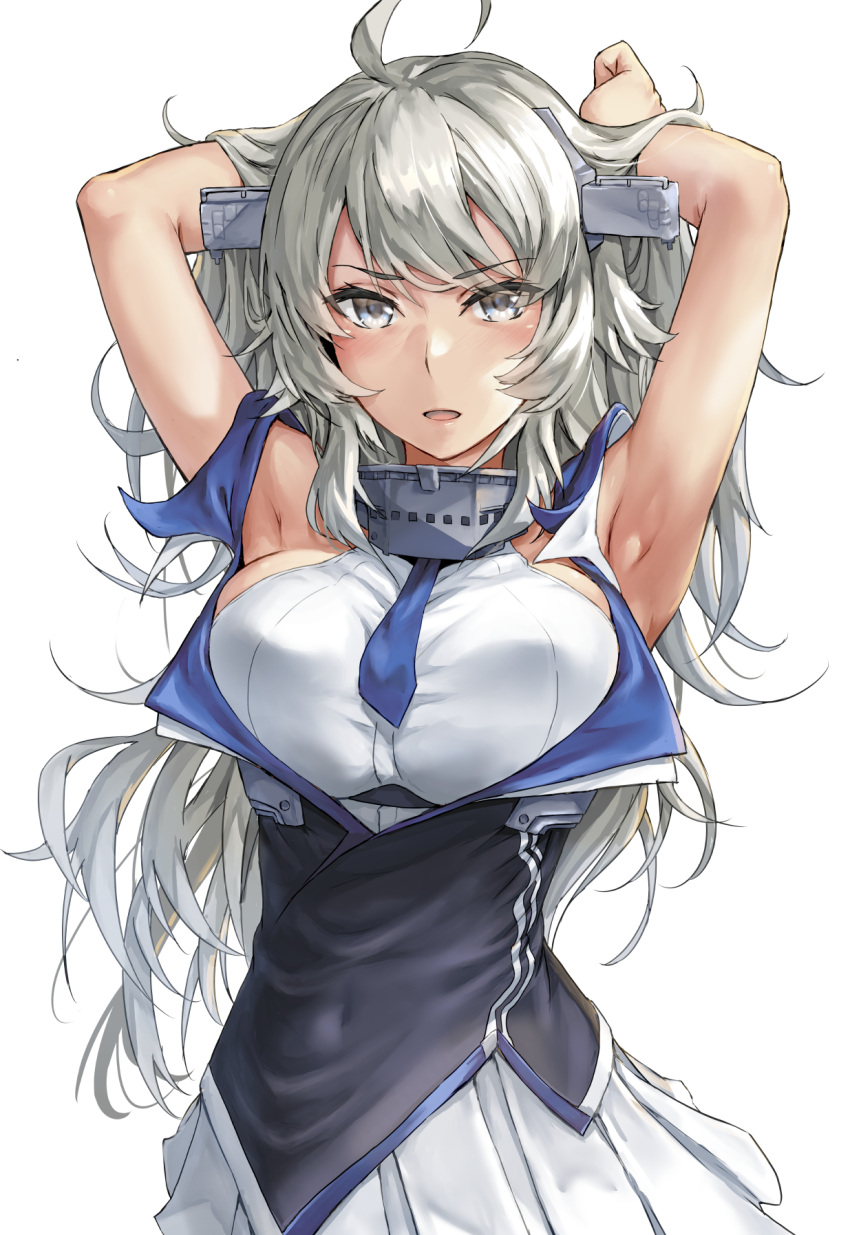 1girl ahoge blue_neckwear breasts eyebrows_visible_through_hair grey_eyes hands_in_hair headgear highres kantai_collection kokuzou large_breasts long_hair looking_at_viewer necktie open_mouth pleated_skirt shirt silver_hair simple_background skirt sleeveless sleeveless_shirt solo washington_(kantai_collection) white_background white_shirt white_skirt