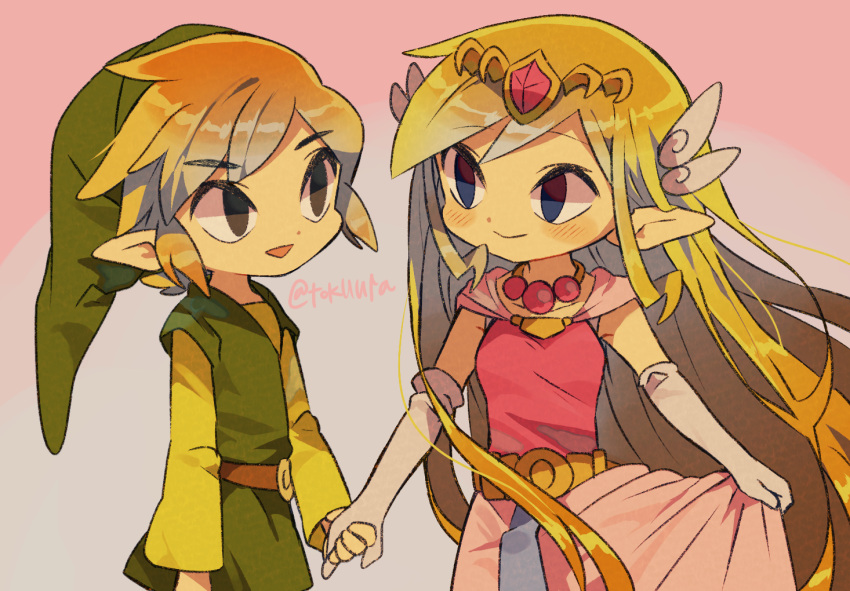 1boy 1girl bangs belt blonde_hair blue_eyes blush closed_mouth commentary_request dress eye_contact eyelashes floating_hair gloves green_headwear grey_gloves hair_ornament hat holding holding_clothes holding_hands holding_skirt link long_hair long_sleeves looking_at_another pink_skirt pointy_ears princess_zelda shiny shiny_hair skirt_hold smile the_legend_of_zelda the_legend_of_zelda:_the_wind_waker tiara tokuura