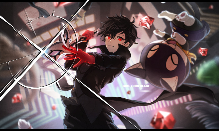 1boy 1other :3 amamiya_ren black_hair black_jacket black_pants cat closed_eyes cow fumotogi gem gloves glowing glowing_eyes hair_between_eyes holding holding_weapon jacket looking_at_viewer male_focus mask morgana_(persona_5) pants persona persona_5 persona_5_the_royal red_gloves short_hair smile sparkle upside-down weapon