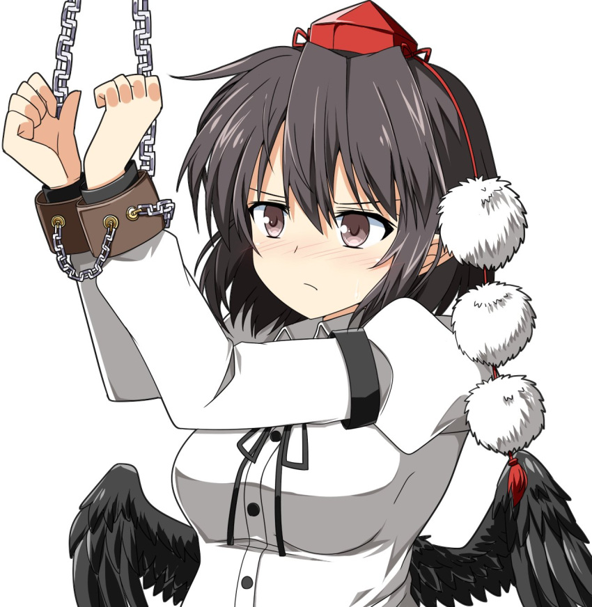 1girl black_hair black_neckwear bound breasts brown_eyes chain cuffs handcuffs hat highres long_sleeves neck_ribbon pom_pom_(clothes) red_headwear ribbon rise_(rise19851203) shackles shameimaru_aya shirt simple_background solo tokin_hat touhou white_background white_shirt wings