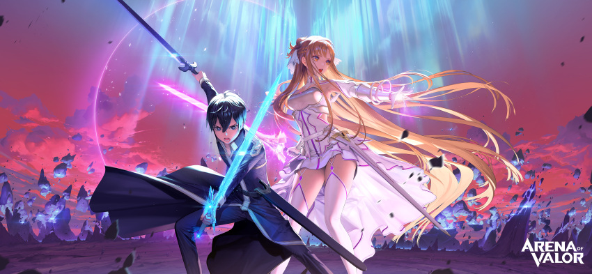 1boy 1girl absurdres arena_of_valor arm_up armor armpits asuna_(sao) asuna_(stacia) aurora bangs belt black_coat black_hair black_pants blue_eyes braid breastplate breasts brown_eyes brown_hair clouds coat copyright_name detached_collar dress dual_wielding elbow_gloves feet_out_of_frame fighting_stance floating_hair floating_rock gloves glowing glowing_sword glowing_weapon gradient_sky highres holding holding_sword holding_weapon hyulla kirito long_hair long_sleeves looking_at_viewer looking_away looking_to_the_side magic medium_breasts outdoors outstretched_arm pants parted_bangs pink_sky sheath short_dress sky standing straight_hair sword sword_art_online sword_art_online:_alicization sword_art_online:_alicization_-_war_of_underworld thigh-highs unsheathed v-shaped_eyebrows very_long_hair weapon white_dress white_gloves white_legwear zettai_ryouiki