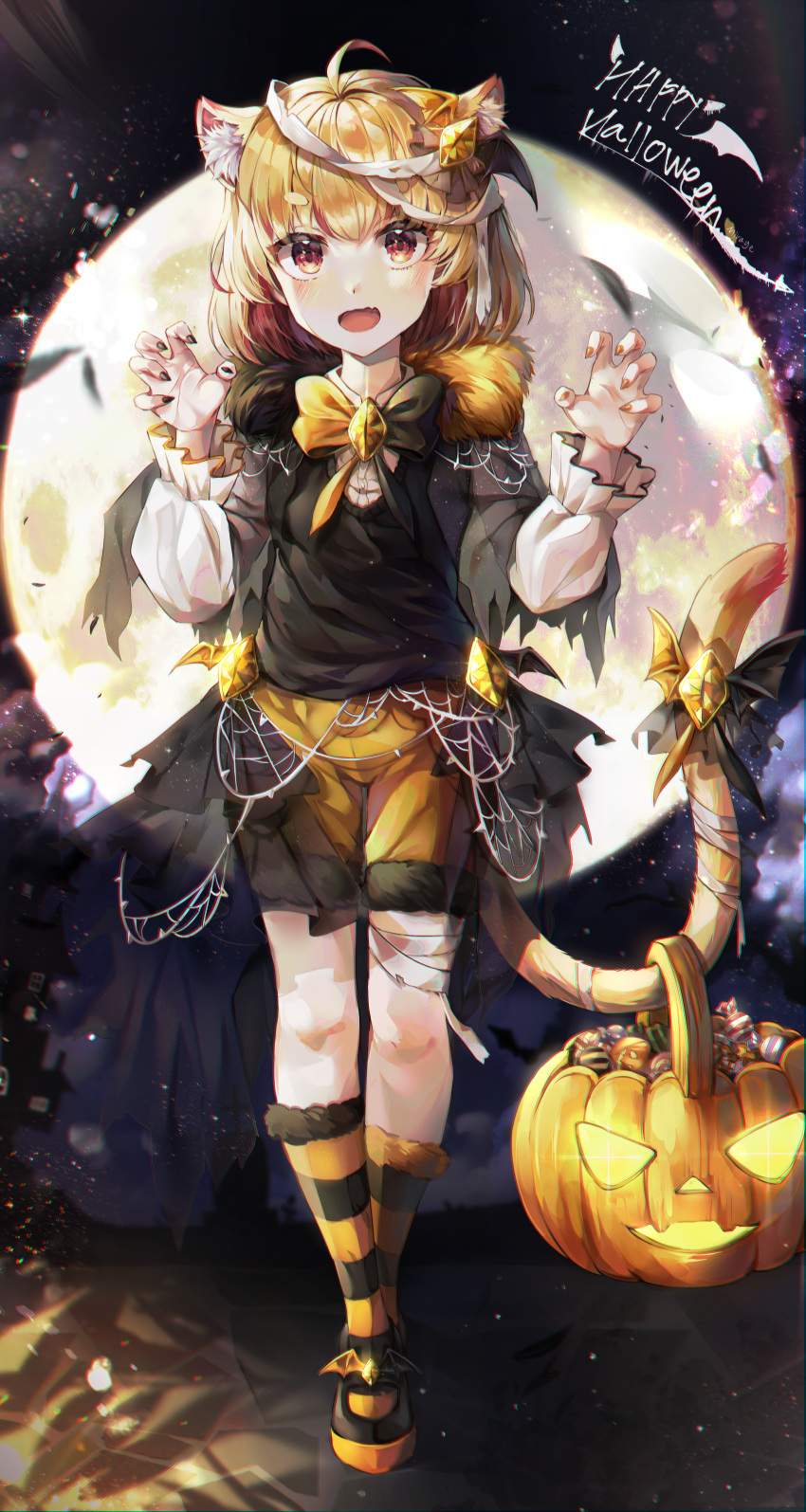 1girl absurdres ahoge animal_ears black_legwear black_nails blush brown_hair cat_ears cat_girl cat_tail eyebrows_visible_through_hair halloween highres huge_filesize kneehighs looking_at_viewer mirage48291584 multicolored multicolored_clothes multicolored_legwear open_mouth orange_legwear orange_nails original red_eyes short_hair striped striped_legwear tail