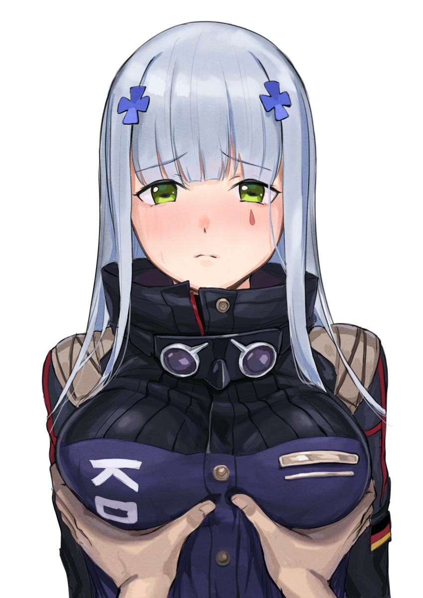 1girl absurdres bangs blue_hair blush breast_hold breasts closed_mouth eyebrows_visible_through_hair girls_frontline green_eyes highres hk416_(girls_frontline) kuro_(zhurunbo1997) long_hair looking_at_viewer medium_breasts solo uniform white_background