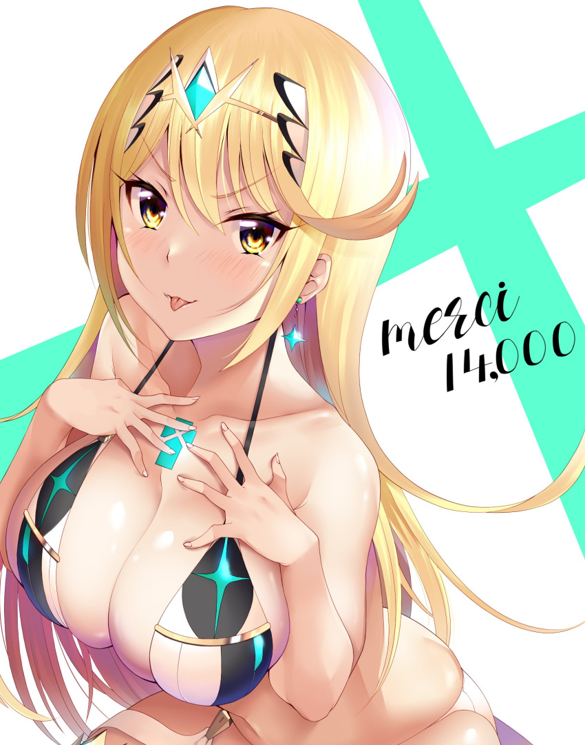 1girl :p barefoot bikini blonde_hair breasts chest_jewel collarbone daive earrings eyebrows_visible_through_hair full_body gem headpiece highres jewelry kneeling large_breasts leg_garter long_hair looking_at_viewer mythra_(xenoblade) solo swimsuit tongue tongue_out white_bikini xenoblade_chronicles_(series) xenoblade_chronicles_2 yellow_eyes