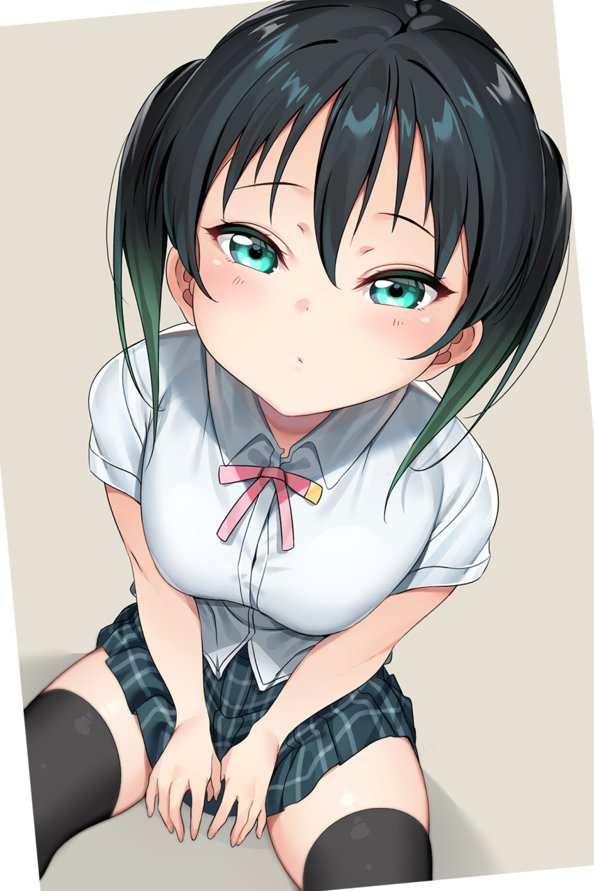 bangs between_legs black_hair black_legwear dress_shirt from_above gradient_hair green_eyes green_hair green_skirt hair_between_eyes hand_between_legs highres looking_at_viewer love_live! love_live!_nijigasaki_high_school_idol_club medium_hair multicolored_hair nijigasaki_academy_uniform pink_ribbon plaid plaid_skirt ribbon school_uniform shirt sitting skirt solo takasaki_yuu tem10 thigh-highs twintails two-tone_hair white_shirt zettai_ryouiki