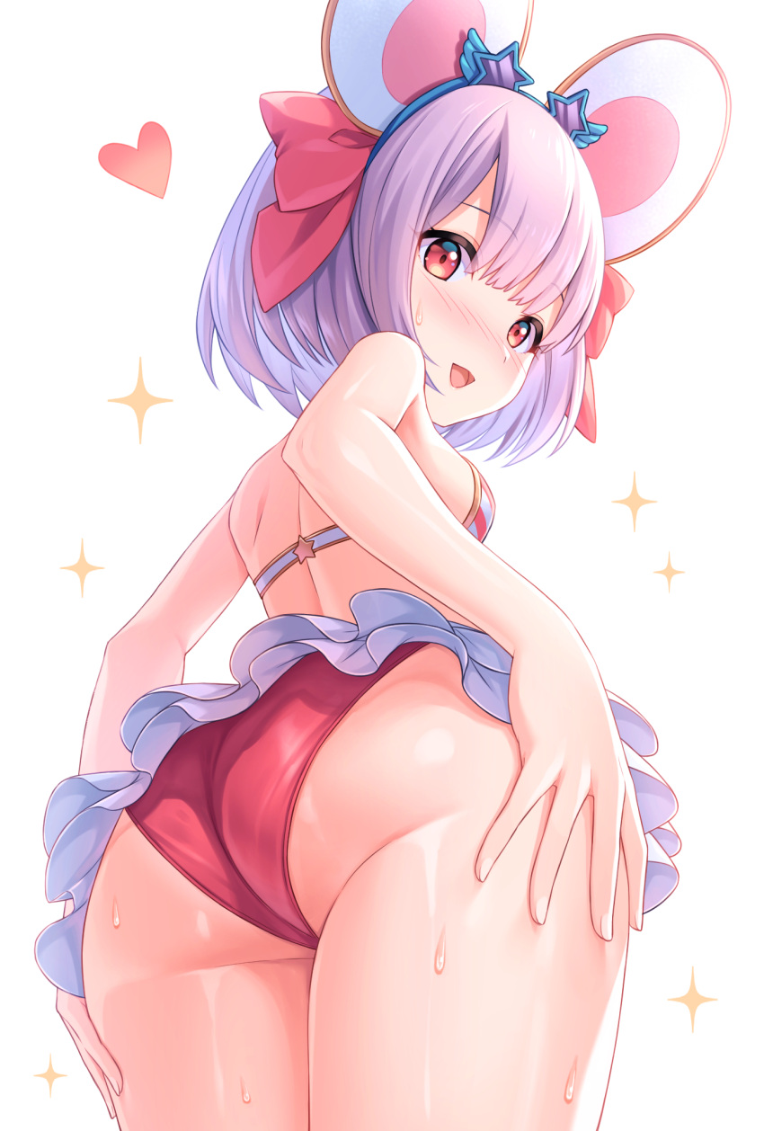 1girl animal_ears ass back bangs bare_shoulders bikini blush breasts fake_animal_ears granblue_fantasy highres looking_at_viewer looking_back mouse_ears open_mouth pink_bikini red_eyes short_hair simple_background small_breasts smile sparkle swimsuit thighs tomo_(tmtm_mf_mf) vikala_(granblue_fantasy) white_background white_hair