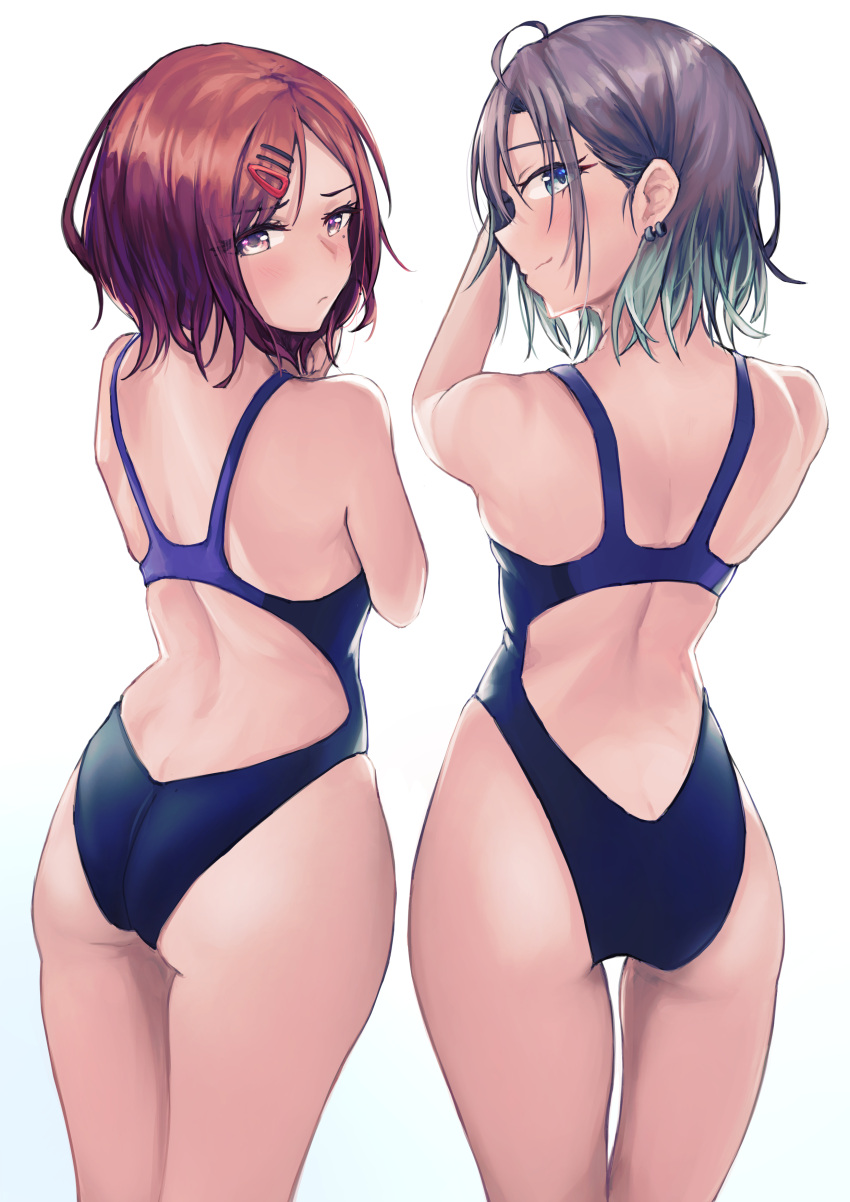 2girls :t absurdres antenna_hair asakura_tooru ass bangs bare_arms bare_back bare_shoulders blue_eyes blue_swimsuit blush butt_crack competition_swimsuit ear_piercing hair_ornament hairclip highres higuchi_madoka idolmaster idolmaster_shiny_colors looking_at_viewer looking_back multicolored_hair multiple_girls namake_(nmk44300) one-piece_swimsuit piercing pout redhead sidelocks simple_background skindentation smile swimsuit two-tone_hair violet_eyes white_background