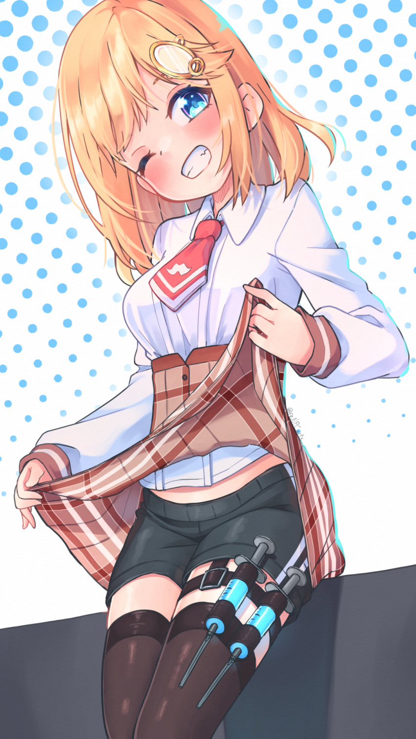 1girl artist_apprentice bangs black_legwear blonde_hair blue_eyes blush brown_skirt collared_shirt commentary english_commentary grin hair_ornament head_tilt highres hololive hololive_english holster lifted_by_self long_sleeves looking_at_viewer necktie one_eye_closed plaid plaid_skirt red_neckwear shirt shorts shorts_under_skirt sidelocks skirt skirt_lift smile solo standing syringe syringe_holster teeth thigh-highs thigh_holster virtual_youtuber watson_amelia white_shirt