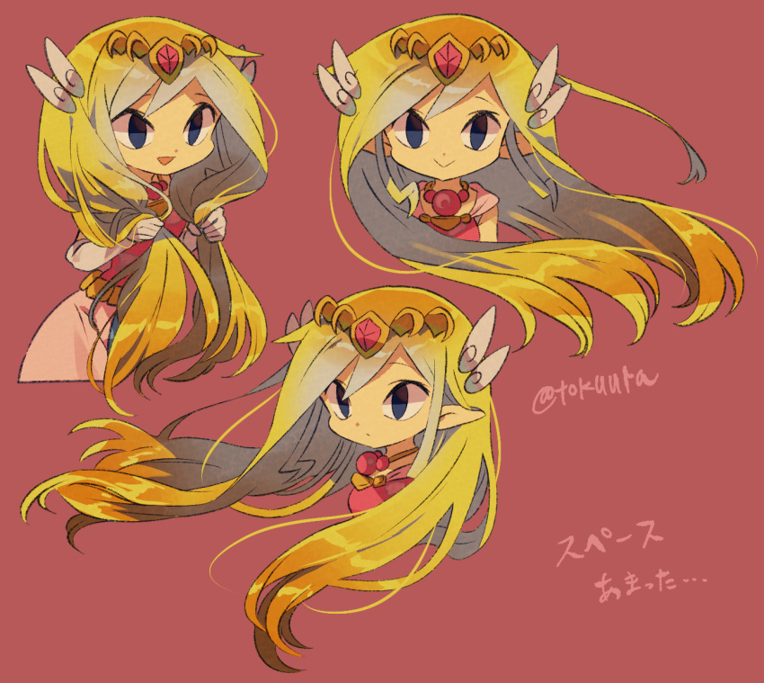 1girl :&gt; artist_name bangs blonde_hair blue_eyes closed_mouth commentary_request floating_hair gloves hair_ornament highres holding holding_hair long_hair looking_at_viewer multiple_views pointy_ears princess_zelda sleeveless smile the_legend_of_zelda the_legend_of_zelda:_the_wind_waker tiara tokuura translation_request watermark white_gloves
