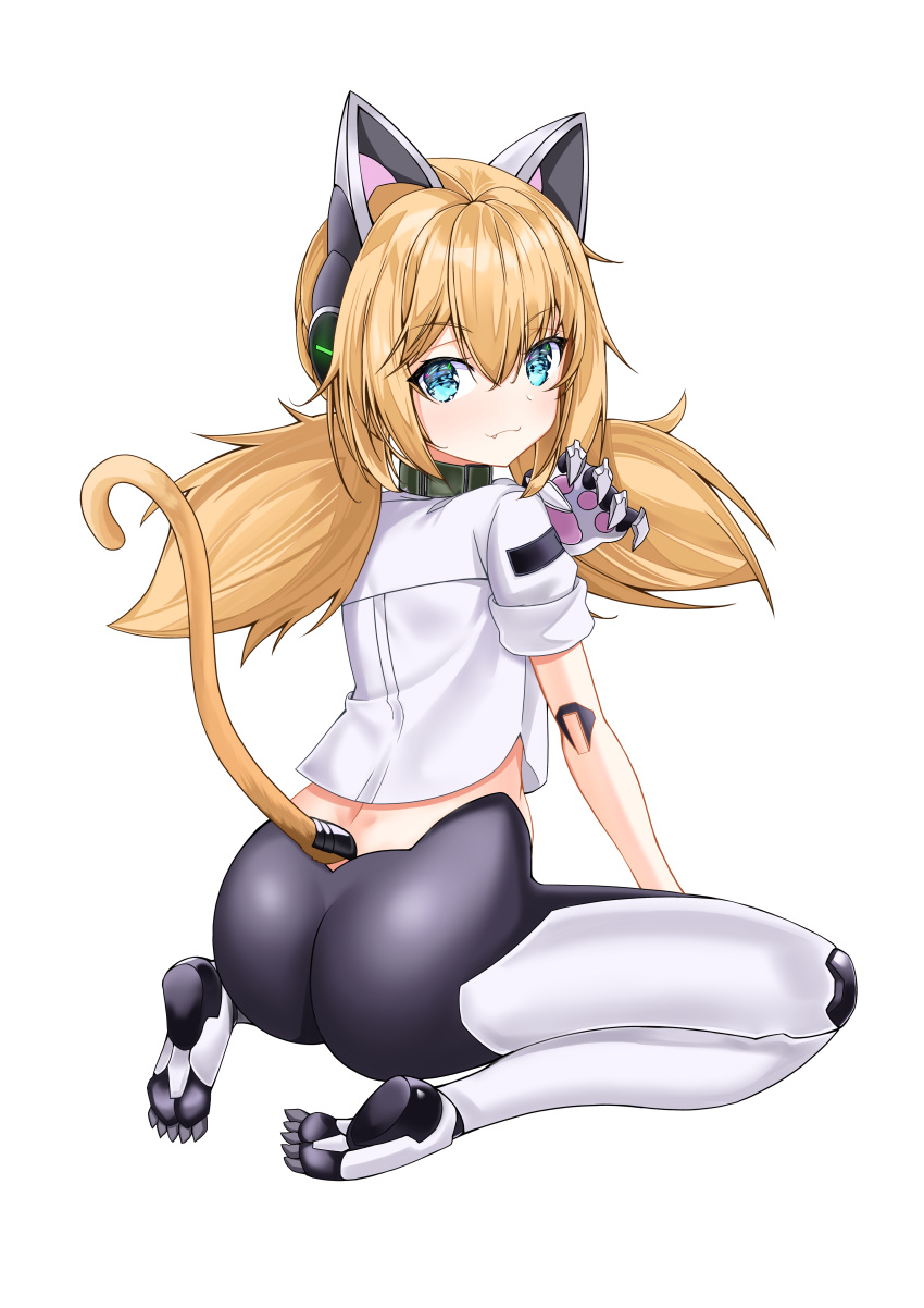 1girl :3 absurdres animal_ears ass barefoot blonde_hair blue_eyes cat_ears claws collar eyebrows_visible_through_hair fang from_behind full_body girls_frontline green_collar hair_between_eyes headgear highres idw_(girls_frontline) long_hair looking_at_viewer looking_back mechanical_parts midriff_peek robot_ears seiza shirt simple_background sitting sleeves_folded_up smile solo tail tor_ai twintails white_background white_shirt