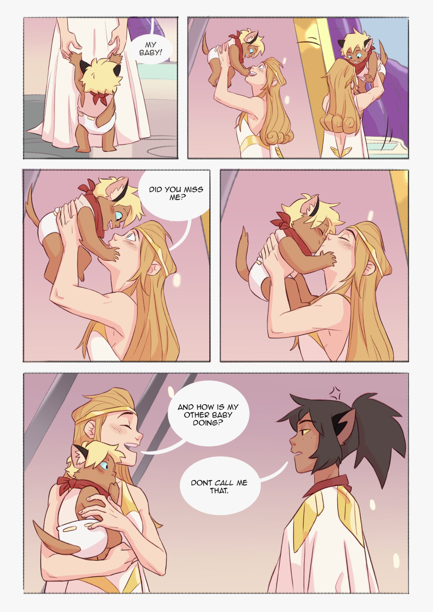 1other 2girls absurdres adora_(she-ra) animal_ears baby black_hair blonde_hair blue_sclera cat_ears cat_tail catra circlet diaper highres holding kiss long_hair multiple_girls oliviajtaylor20 parent_and_child she-ra_and_the_princesses_of_power tail wife_and_wife yuri