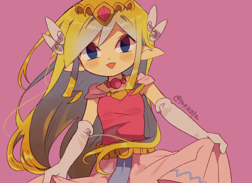 1girl artist_name belt blonde_hair blue_eyes blush commentary_request curtsey dress floating_hair gloves grey_gloves hair_ornament holding holding_clothes jewelry long_hair multicolored_hair necklace open_mouth pink_dress pointy_ears princess_zelda simple_background skirt_hold smile solo the_legend_of_zelda the_legend_of_zelda:_the_wind_waker tiara tokuura watermark