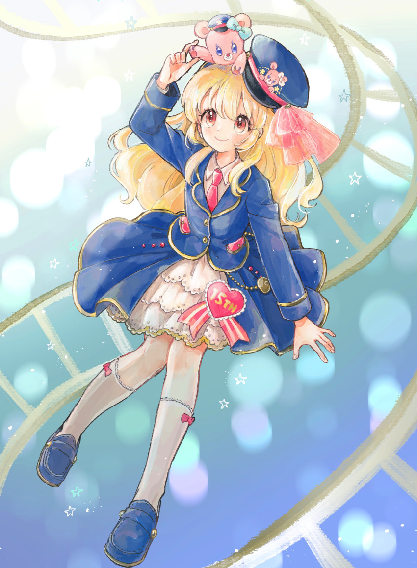 1girl aikatsu! aikatsu!_(series) arm_up blonde_hair blue_footwear blue_jacket blue_skirt blush collared_shirt commentary_request floating frilled_legwear frilled_skirt frills hat highres hoshimiya_ichigo idol jacket koedo loafers long_hair looking_up multicolored multicolored_clothes multicolored_skirt on_head partial_commentary railroad_tracks red_eyes shirt shoes skirt smile sock_bow socks solo star_(symbol) stuffed_animal stuffed_toy teddy_bear train_station uniform white_legwear white_shirt white_skirt