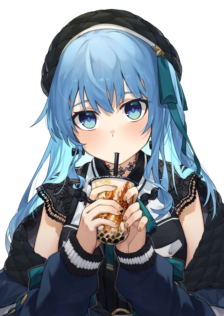 1girl absurdres alternate_costume beret blue_eyes blue_hair blush bubble_tea commentary_request hair_ornament hat highres hololive hoshimachi_suisei jacket long_hair looking_at_viewer simple_background sipping solo tsukino_(nakajimaseiki) virtual_youtuber white_background