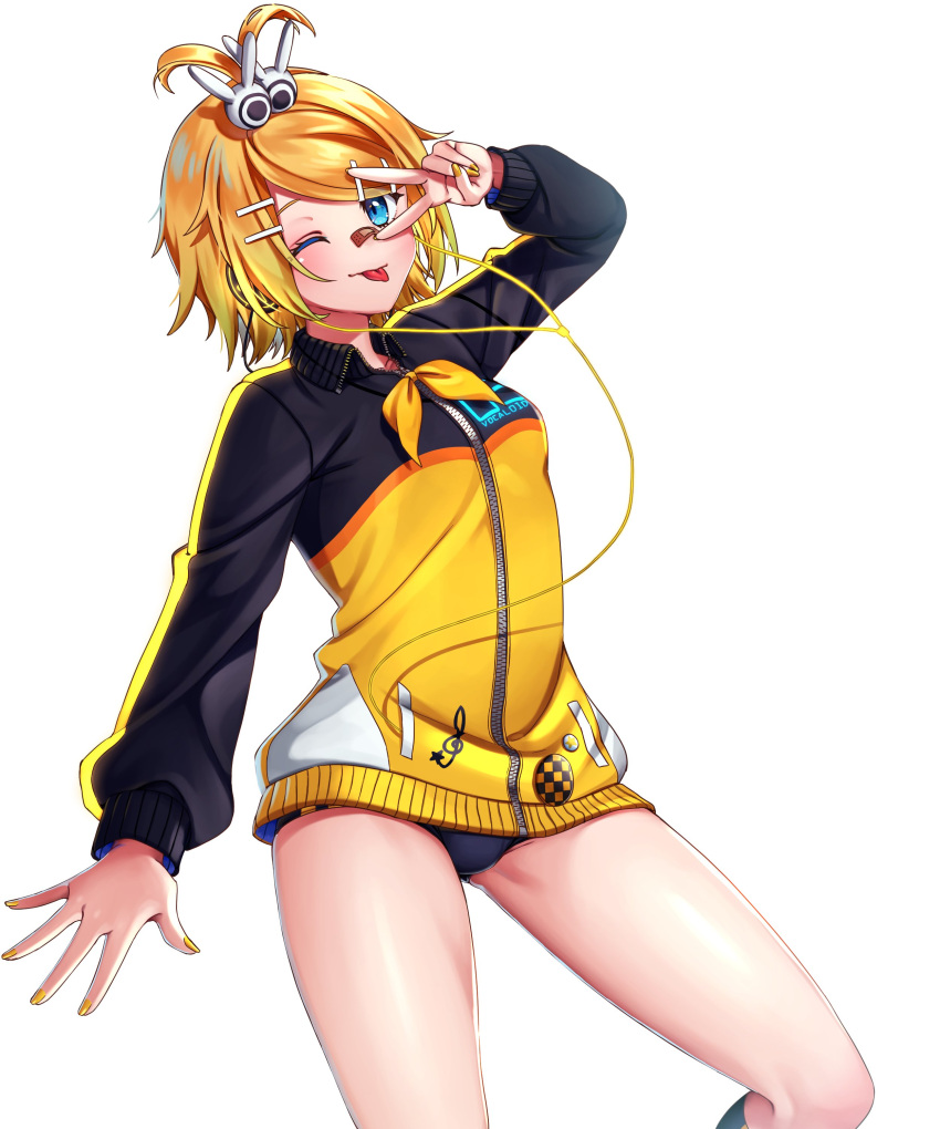 1girl absurdres bandaid bandaid_on_nose bangs black_jacket blonde_hair buruma cable cowboy_shot hair_ornament hairclip headphones highres inu8neko jacket kagamine_rin looking_at_viewer one_eye_closed short_hair solo stylish_energy_(module) swept_bangs tongue tongue_out track_jacket treble_clef two-tone_jacket v v_over_eye vocaloid white_background yellow_jacket