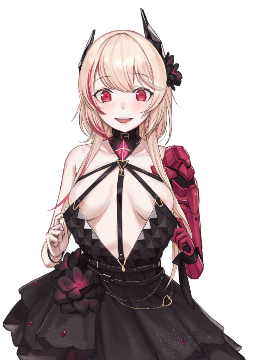 1girl absurdres black_dress blonde_hair blush bracelet breasts covered_nipples dress dress_flower eyebrows_visible_through_hair flower girls_frontline hair_flower hair_ornament highres jewelry kuro_(zhurunbo1997) long_hair looking_at_viewer m4_sopmod_ii_(girls_frontline) mechanical_arm medium_breasts multicolored_hair no_bra open_mouth red_eyes smile solo white_background