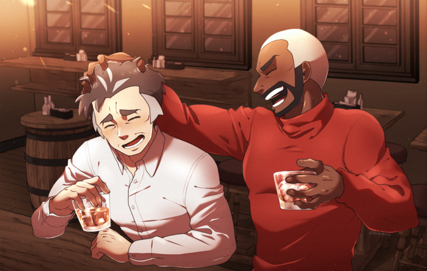 2boys barrel batabiru blush buttons closed_eyes collared_shirt commentary_request cup dark_skin dark_skinned_male facial_hair glass hand_on_another's_head highres holding holding_cup ice ice_cube indoors kabu_(pokemon) liquid long_sleeves male_focus multicolored_hair multiple_boys open_mouth peony_(pokemon) pokemon pokemon_(game) pokemon_swsh shirt short_hair smile sweater teeth tongue turtleneck turtleneck_sweater two-tone_hair very_short_hair white_hair white_shirt window