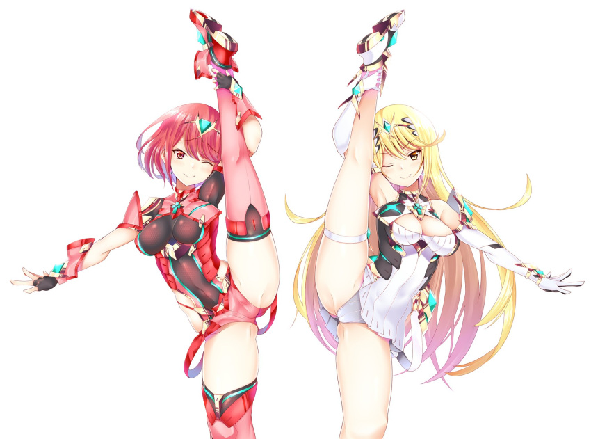 2girls breasts chest_jewel daive highres large_breasts leg_up long_hair multiple_girls mythra_(xenoblade) panties pyra_(xenoblade) red_eyes redhead short_hair skindentation thigh-highs underwear very_long_hair xenoblade_chronicles_(series) xenoblade_chronicles_2 yellow_eyes