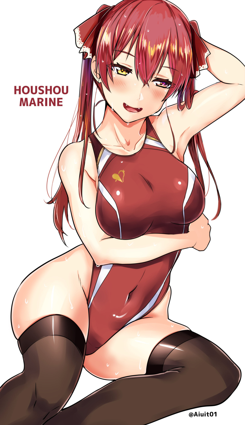 1girl absurdres aiuti bangs black_legwear breasts character_name collarbone commentary_request competition_swimsuit covered_navel heterochromia highres hololive houshou_marine long_hair medium_breasts one-piece_swimsuit red_eyes red_swimsuit redhead simple_background solo swimsuit thigh-highs twintails twitter_username white_background yellow_eyes