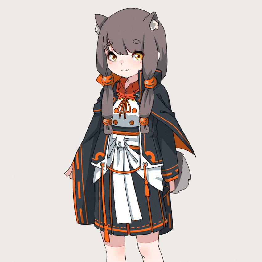 animal_ears bangs black_cape black_jacket black_skirt blush brown_eyes brown_hair cape closed_mouth collared_shirt commentary_request dress_shirt eyebrows_visible_through_hair feet_out_of_frame grey_background highres jacket kuro_kosyou long_hair long_sleeves looking_at_viewer orange_cape orange_shirt original pleated_skirt raccoon_ears raccoon_girl raccoon_tail shirt short_eyebrows simple_background skirt sleeves_past_wrists smile standing tail thick_eyebrows wide_sleeves