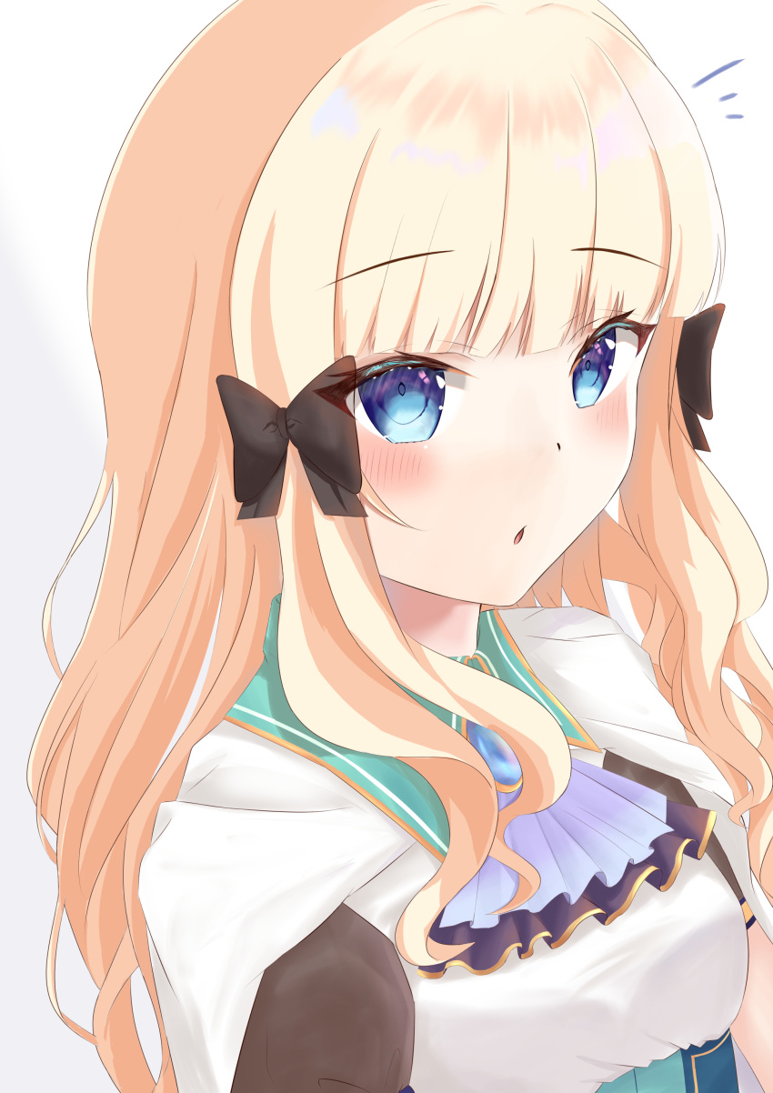 1girl absurdres bangs black_bow blonde_hair blue_eyes blush bow breasts elf eyebrows_visible_through_hair ganbariino hair_bow hair_ornament highres large_breasts long_hair looking_at_viewer open_mouth pointy_ears princess_connect! princess_connect!_re:dive saren_(princess_connect!) solo