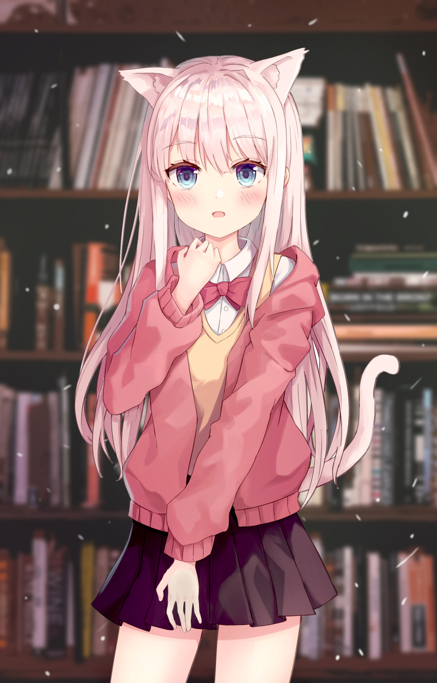 1girl absurdres animal_ears bangs bare_legs beige_sweater_vest black_skirt blue_eyes blurry blurry_background blush bookshelf cat_ears cat_tail cowboy_shot eyebrows_visible_through_hair highres jacket long_hair long_sleeves looking_at_viewer open_clothes open_jacket open_mouth original pink_hair pink_jacket pink_neckwear shirt skirt solo standing tail uniform white_shirt x4snow