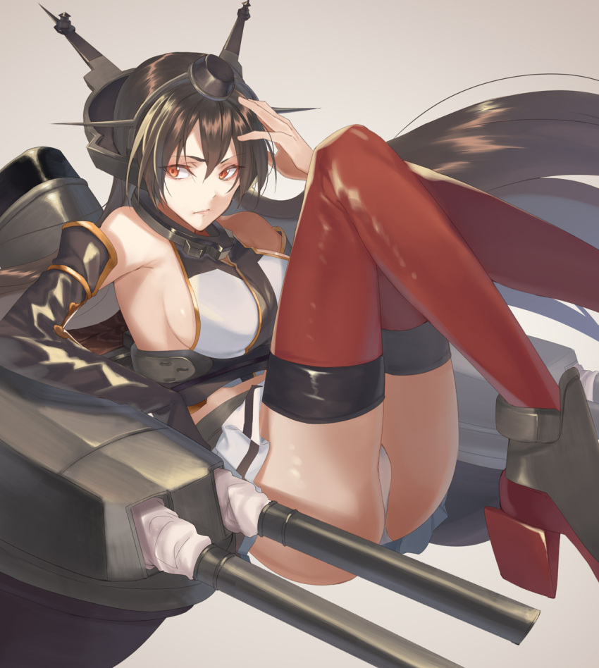 1girl ass black_gloves black_hair breasts cannon commentary_request elbow_gloves fingerless_gloves gloves grey_background headgear highres kabocha_(monkey4) kantai_collection large_breasts long_hair machinery miniskirt nagato_(kantai_collection) panties pleated_skirt red_eyes red_neckwear simple_background skirt smokestack solo thigh-highs turret underwear white_panties white_skirt