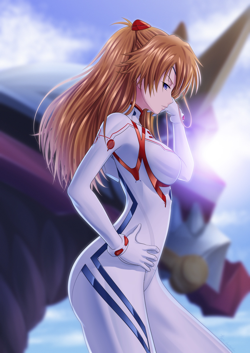 1girl absurdres blue_sky breasts brown_hair clouds eva_02 from_side hand_in_hair hand_on_hip highres interface_headset long_hair making-of_available matsuba_ryou medium_breasts neon_genesis_evangelion plugsuit shikinami_asuka_langley sky solo souryuu_asuka_langley thighs violet_eyes