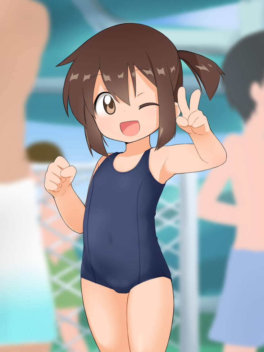 1girl 3boys absurdres armpits arms_up bakusou_kyoudai_let's_&amp;_go!! brown_eyes brown_hair commentary_request covered_navel flat_chest highres multiple_boys one-piece_swimsuit one_eye_closed open_mouth outdoors ponytail sagami_jun school_swimsuit short_hair smile swimsuit uno_(mon_chat_noir) v
