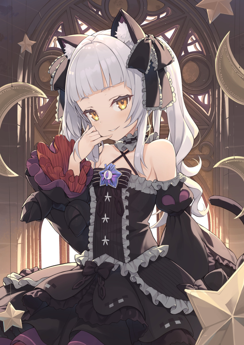 1girl absurdres animal_ears bangs bare_shoulders black_dress blush bow choker closed_mouth commentary_request cowboy_shot detached_sleeves dress finger_to_mouth frilled_dress frills gothic_lolita hand_up highres hololive indoors lolita_fashion long_hair long_sleeves looking_at_viewer murasaki_shion off-shoulder_dress off_shoulder ribbon silver_hair smile solo star_(symbol) star_print starfish tam-u twintails virtual_youtuber yellow_eyes