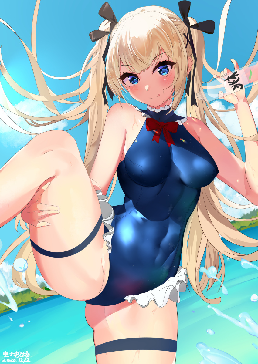 absurdres azur_lane beach black_ribbon blue_legwear blue_leotard bottle dead_or_alive dead_or_alive_5 frilled_leotard frills hair_ribbon highres leg_up leotard licking_lips looking_at_viewer marie_rose ribbon solo summer swimsuit tongue tongue_out twintails wet yimkura